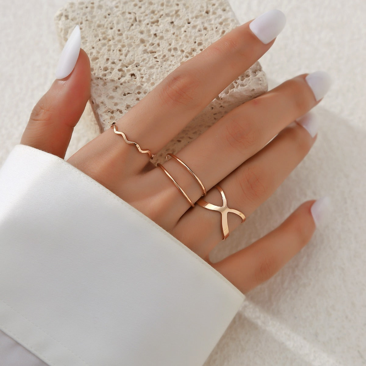 Minimalist X-shaped Cross Opening Ring Fashion Parallel Knot Wave Adjustable Ring Set of Three
