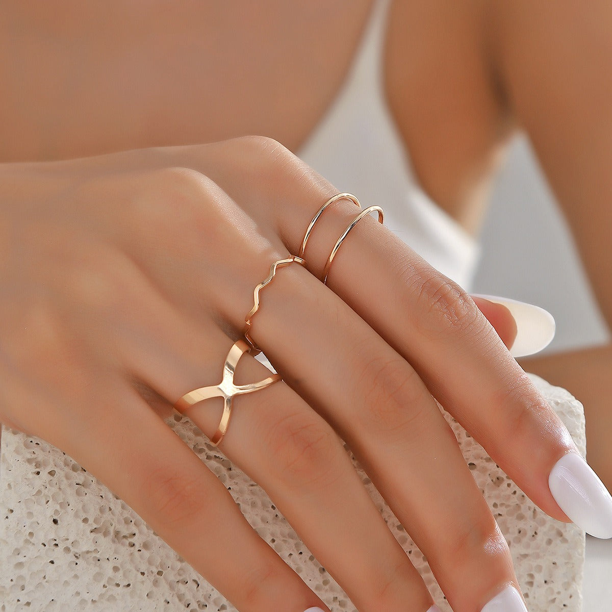 Minimalist X-shaped Cross Opening Ring Fashion Parallel Knot Wave Adjustable Ring Set of Three