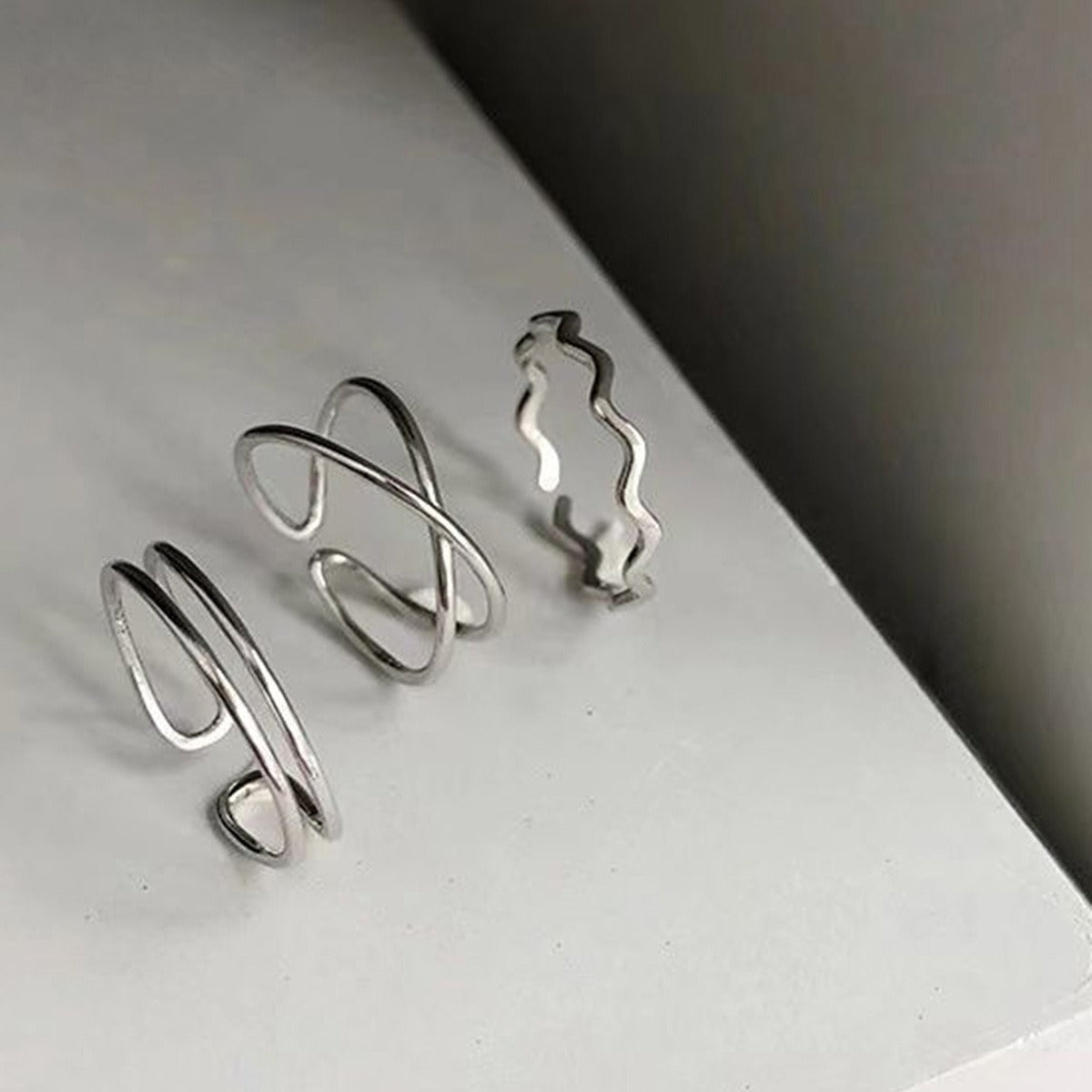 Minimalist X-shaped Cross Opening Ring Fashion Parallel Knot Wave Adjustable Ring Set of Three