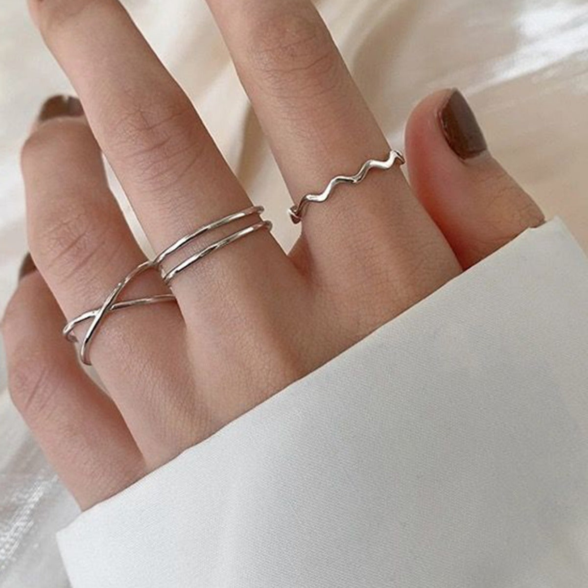 Minimalist X-shaped Cross Opening Ring Fashion Parallel Knot Wave Adjustable Ring Set of Three